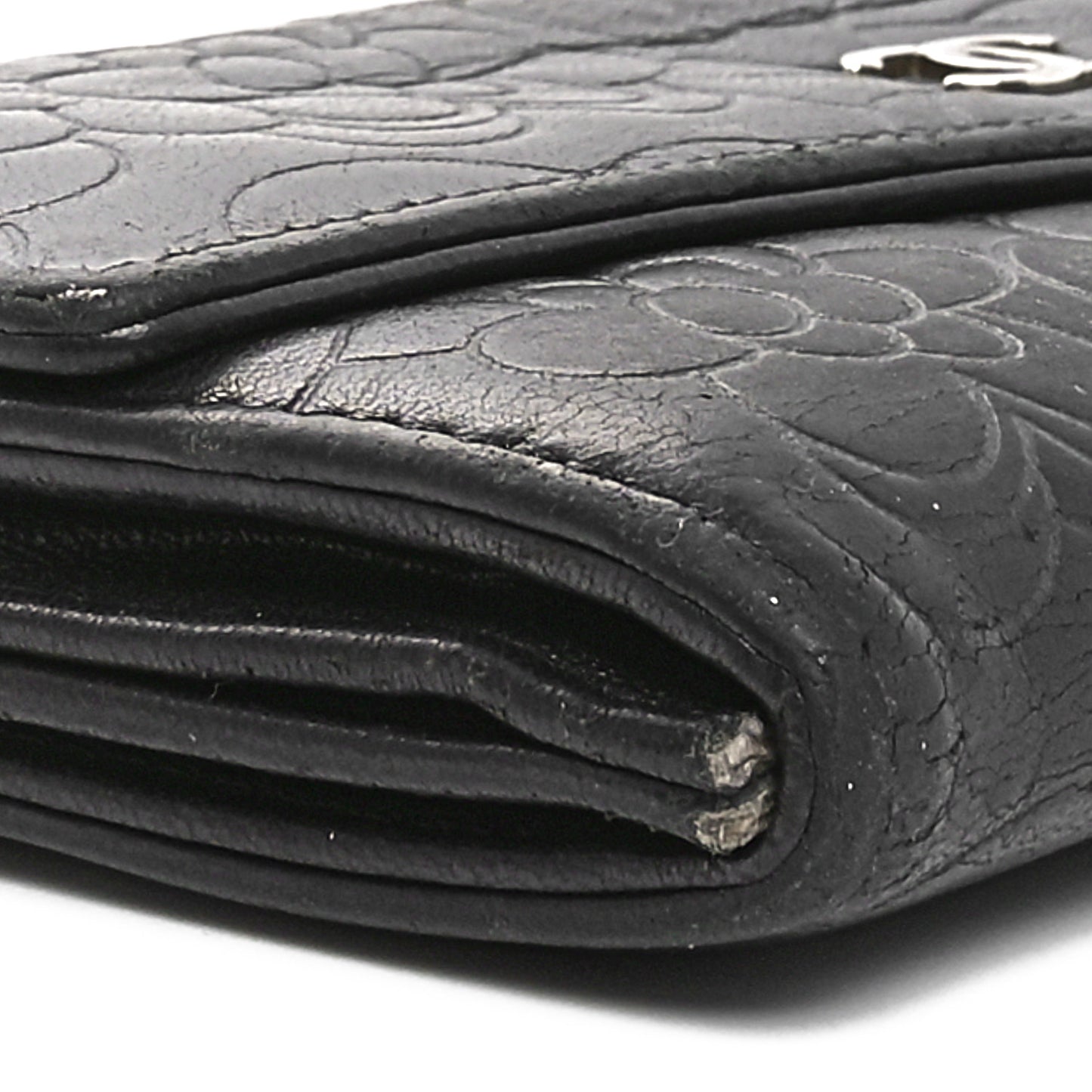 Lambskin Camellia Embossed Large Gusset Flap Wallet Black