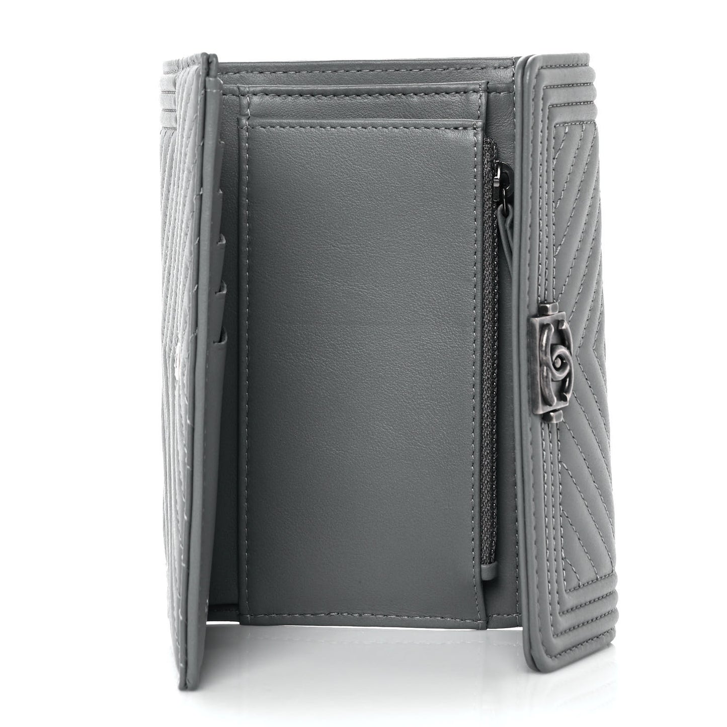 Calfskin Chevron Quilted Medium Boy Flap Wallet Grey