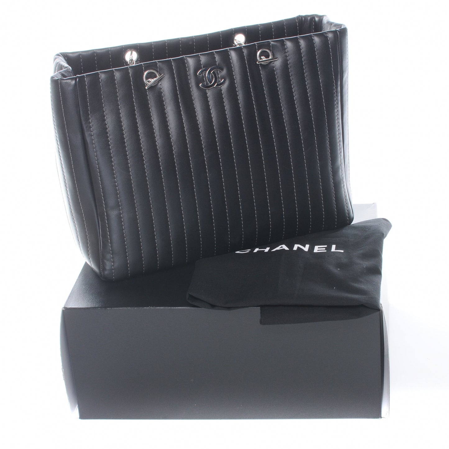 Lambskin Vertical Quilted Large Mademoiselle Tote Black