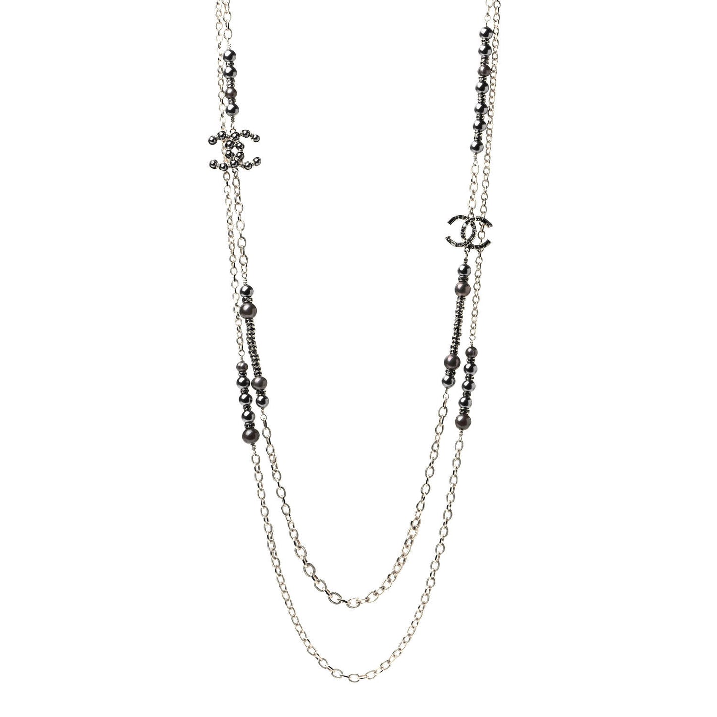 Pearl Crystal Nefertiti CC Long Necklace Gold Grey