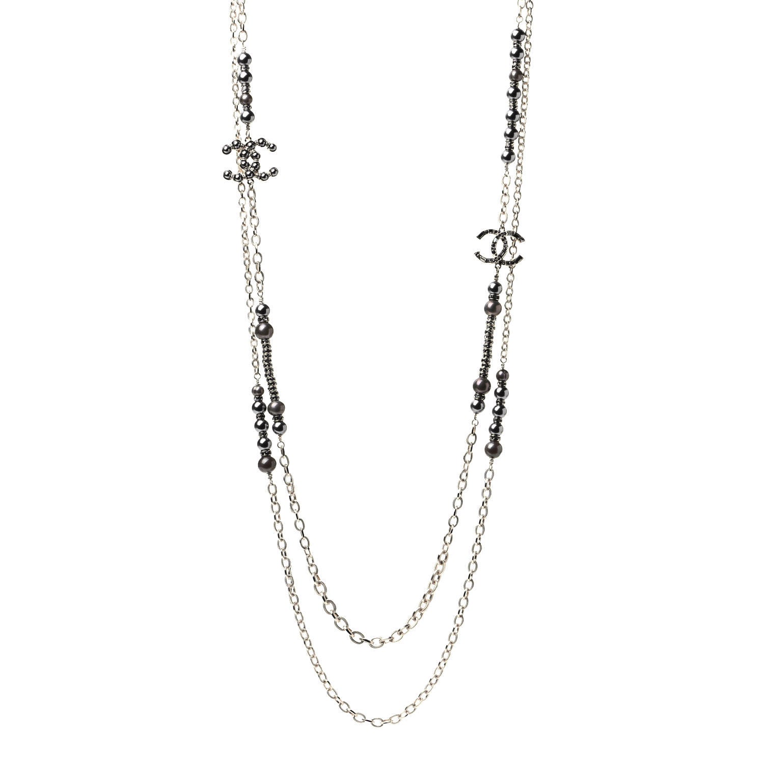 Chanel Pearl Crystal Nefertiti CC Long Necklace Gold Grey 1 of 5
