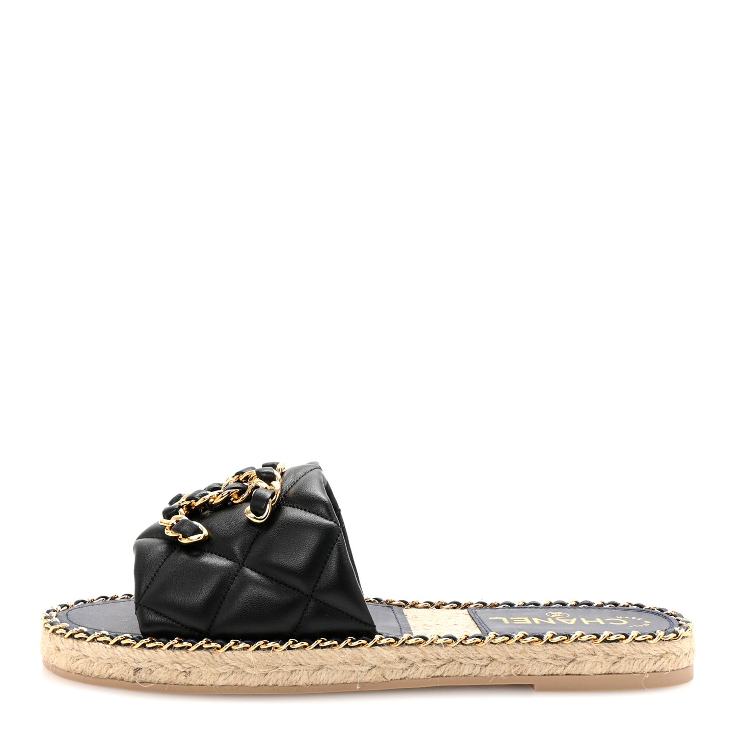 Lambskin Quilted CC Chain Espadrille Mules 38 Black Navy