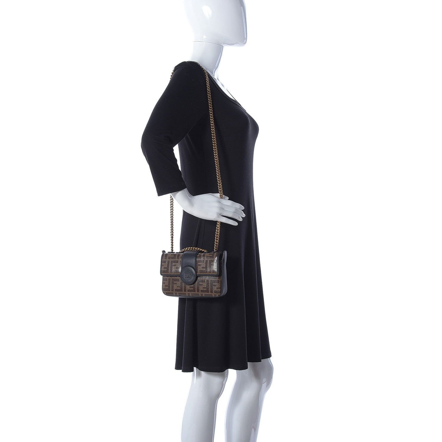 Fendi Glazed Fabric Vitello Century FF 1974 Stamp Patch Mini Double F Crossbody Bag Mogano Panna Black 2 of 9