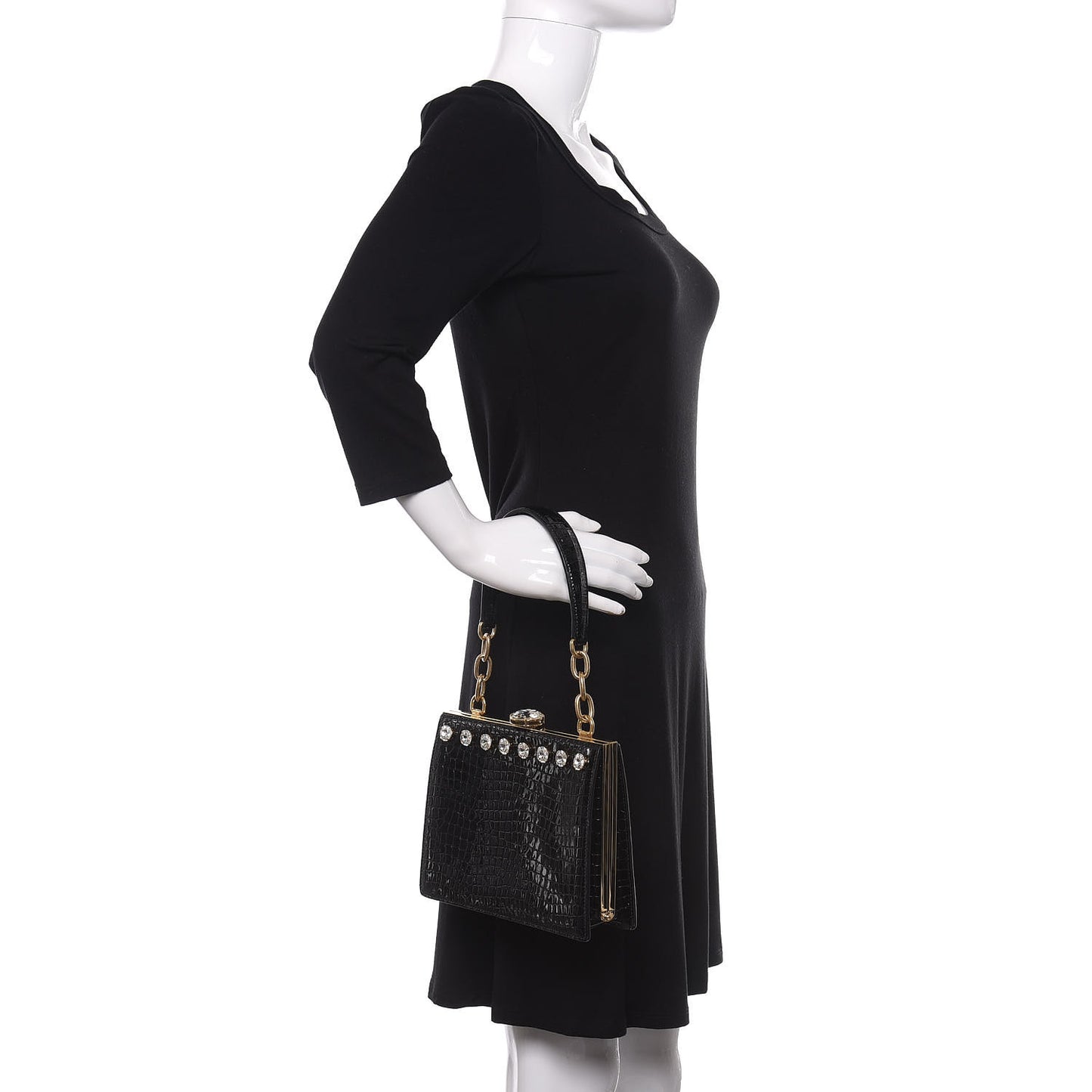 Calfskin Crocodile Embossed Crystal Embellished Solitaire Bag Black