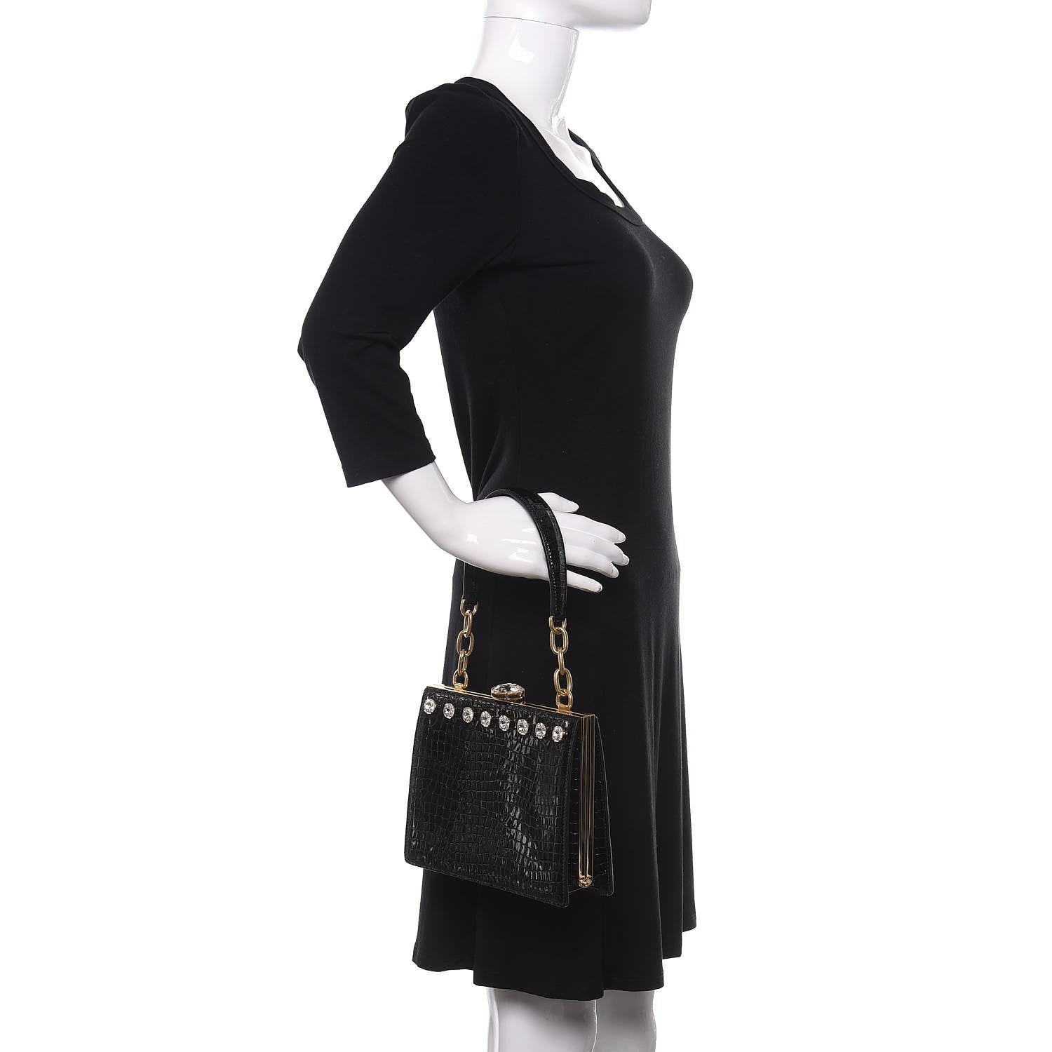 Miu Miu Calfskin Crocodile Embossed Crystal Embellished Solitaire Bag Black 2 of 11