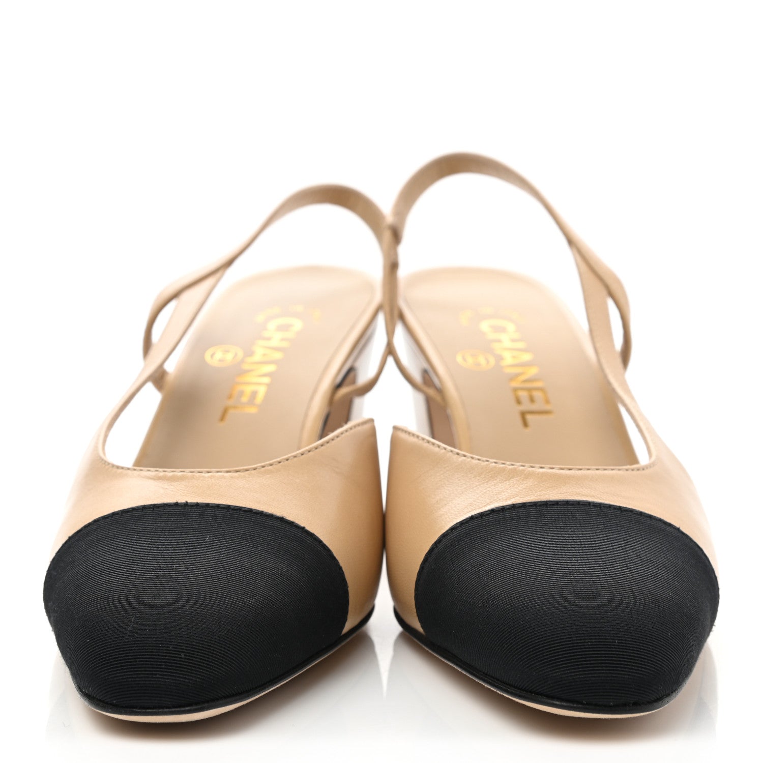 Chanel Goatskin Grosgrain Cap Toe CC Slingback Pumps 37 Beige Black 3 of 18