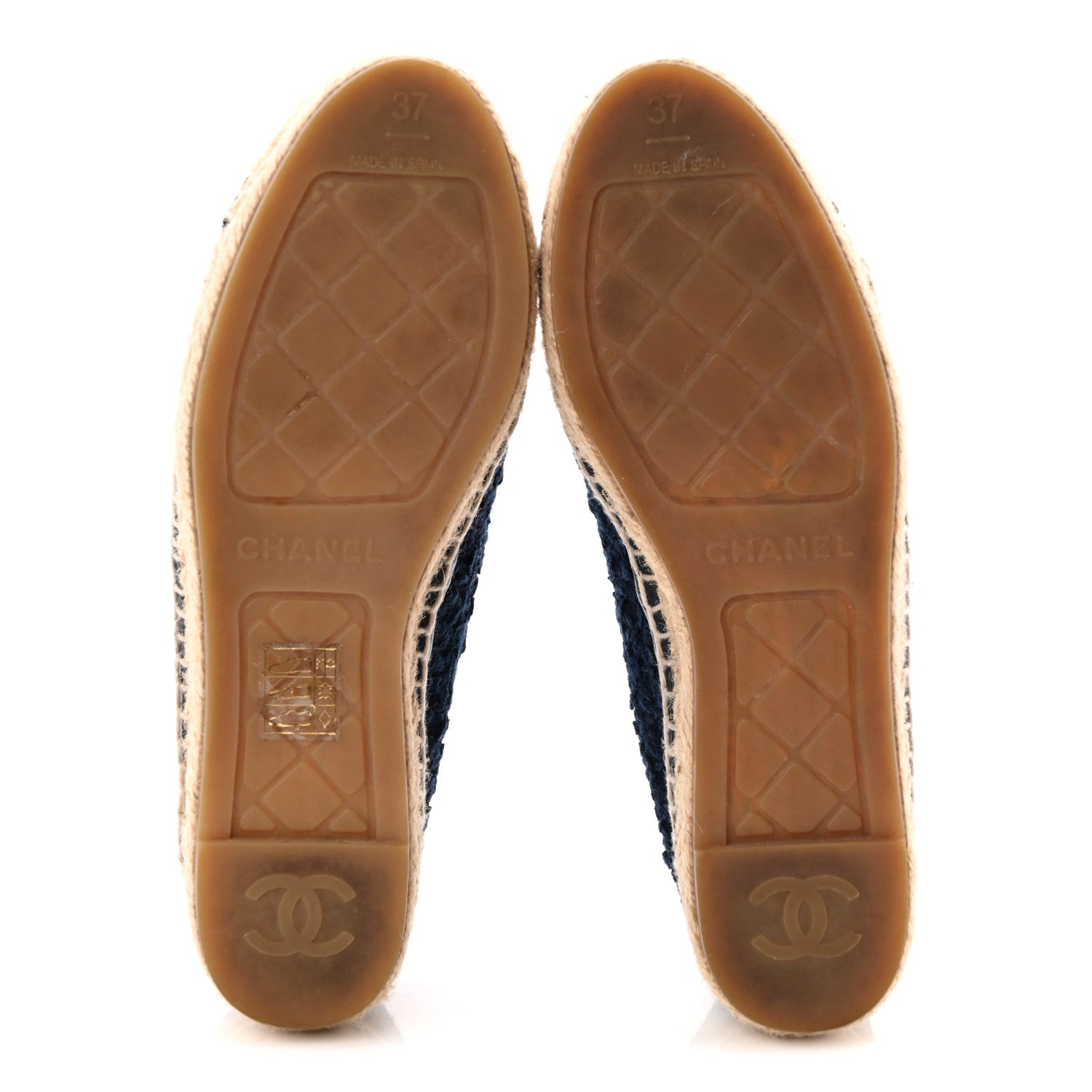 Chanel Tweed Grosgrain CC Espadrilles 37 Navy Black 1875955