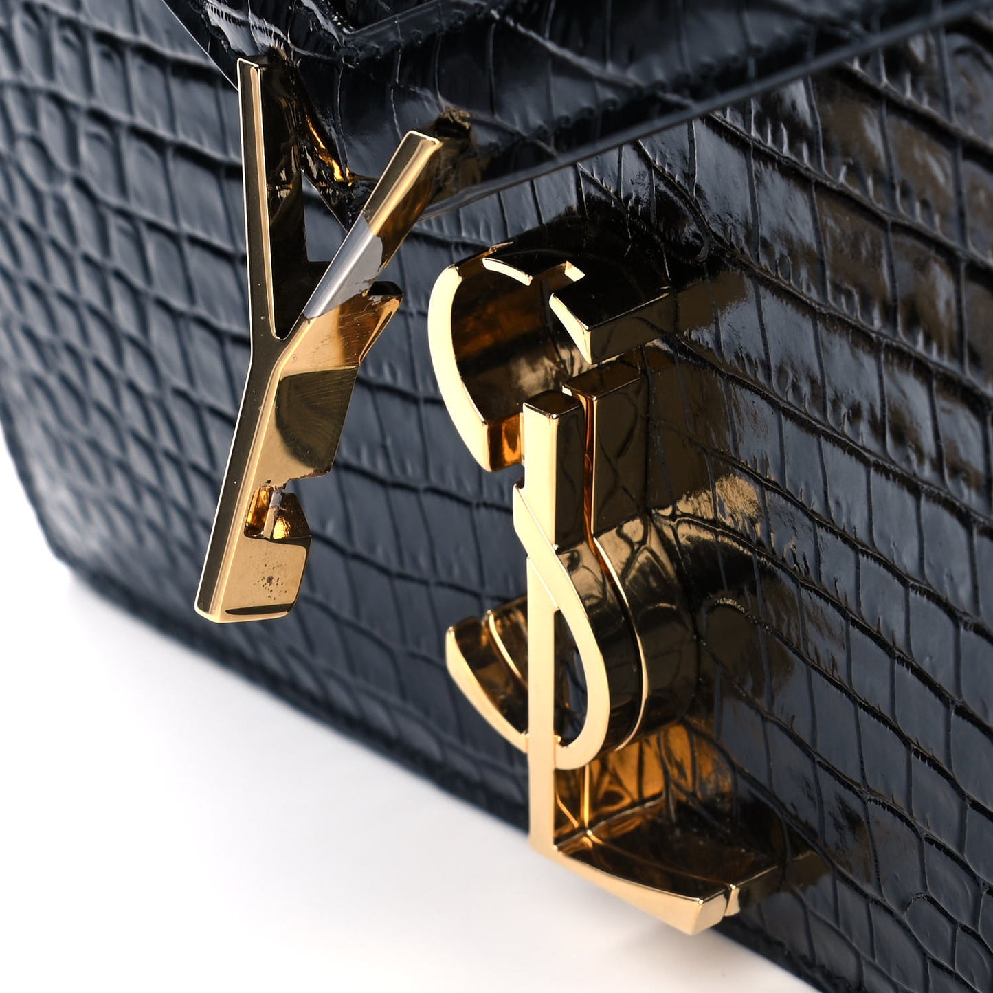 Patent Calfskin Crocodile Embossed Monogram Cassandra Chain Wallet Black
