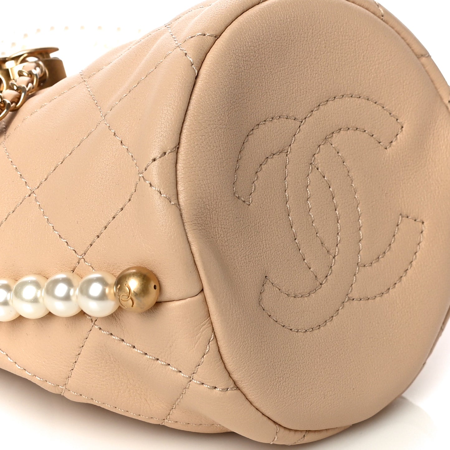 Calfskin Quilted Pearl Mini About Pearls Drawstring Bucket Bag Beige
