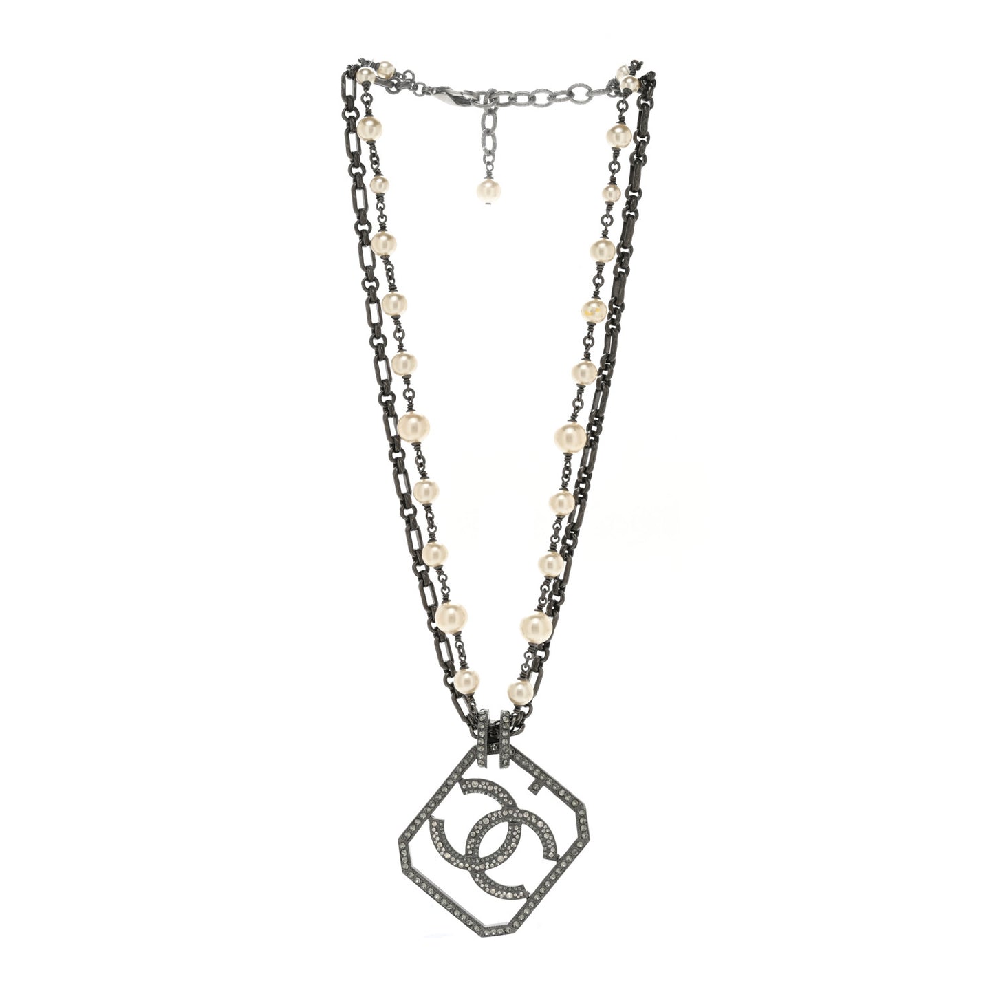 Pearl Crystal CC Double Strand Necklace Ruthenium