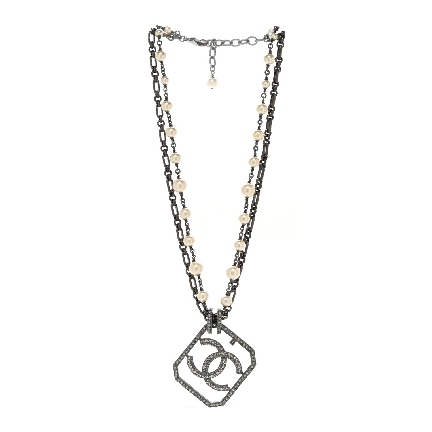 Chanel Pearl Crystal CC Double Strand Necklace Ruthenium 3 of 4