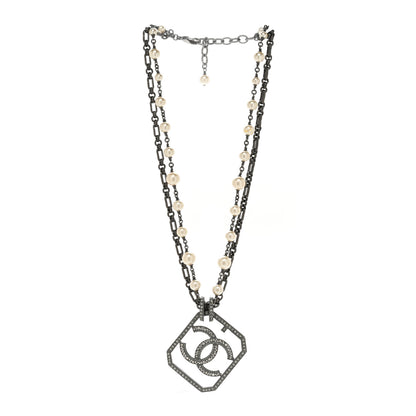 Chanel Pearl Crystal CC Double Strand Necklace Ruthenium 3 of 4