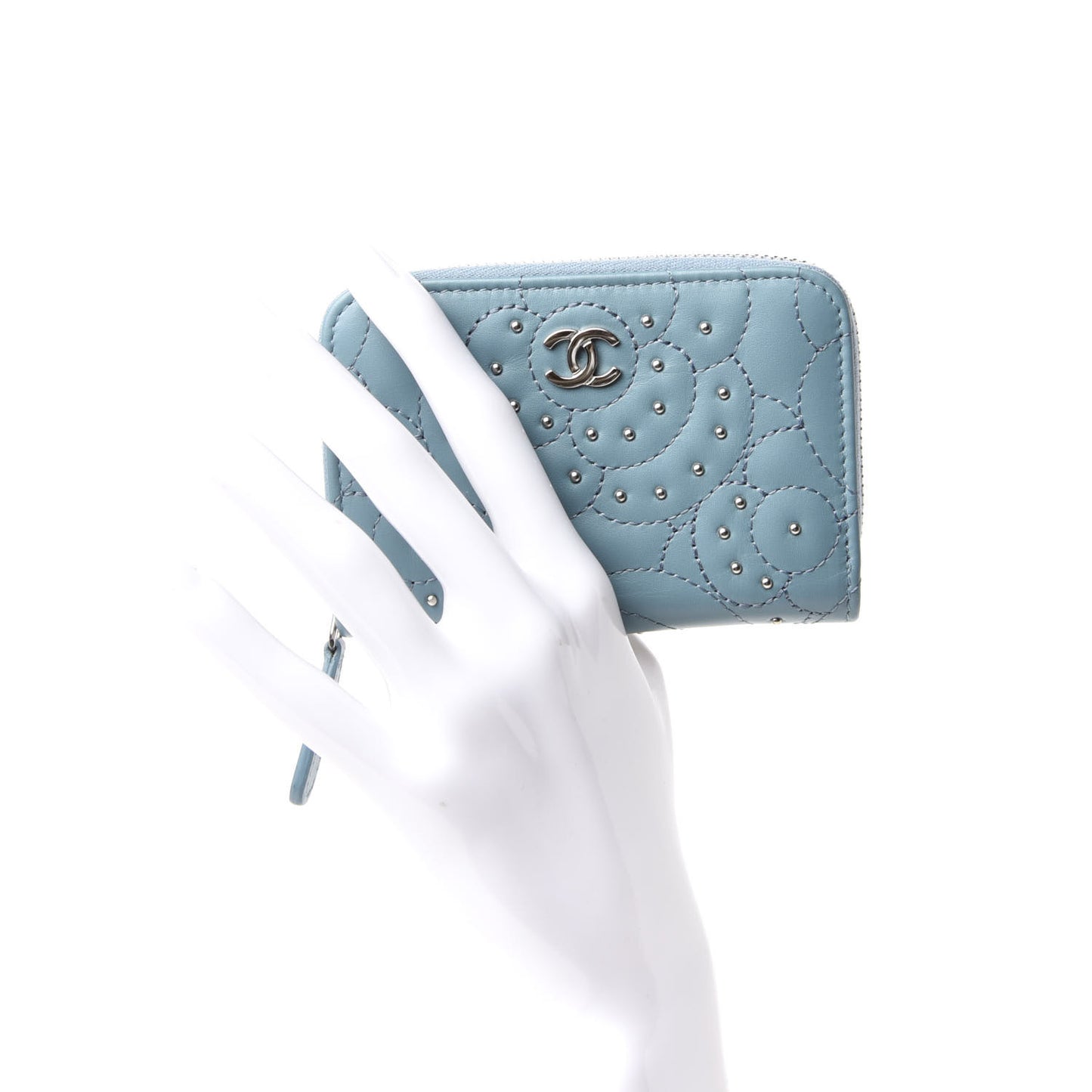 Lambskin Camellia Embossed Studded Zip Coin Purse Blue