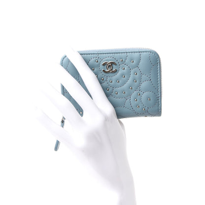 Chanel Lambskin Camellia Embossed Studded Zip Coin Purse Blue 2 of 8