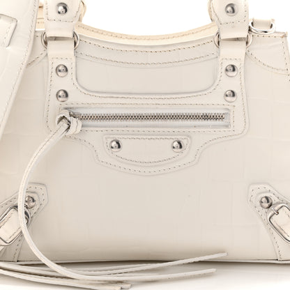 Balenciaga Extra Supple Calfskin Crocodile Embossed Neo Classic Silver Hardware Super Mini City White 7 of 11