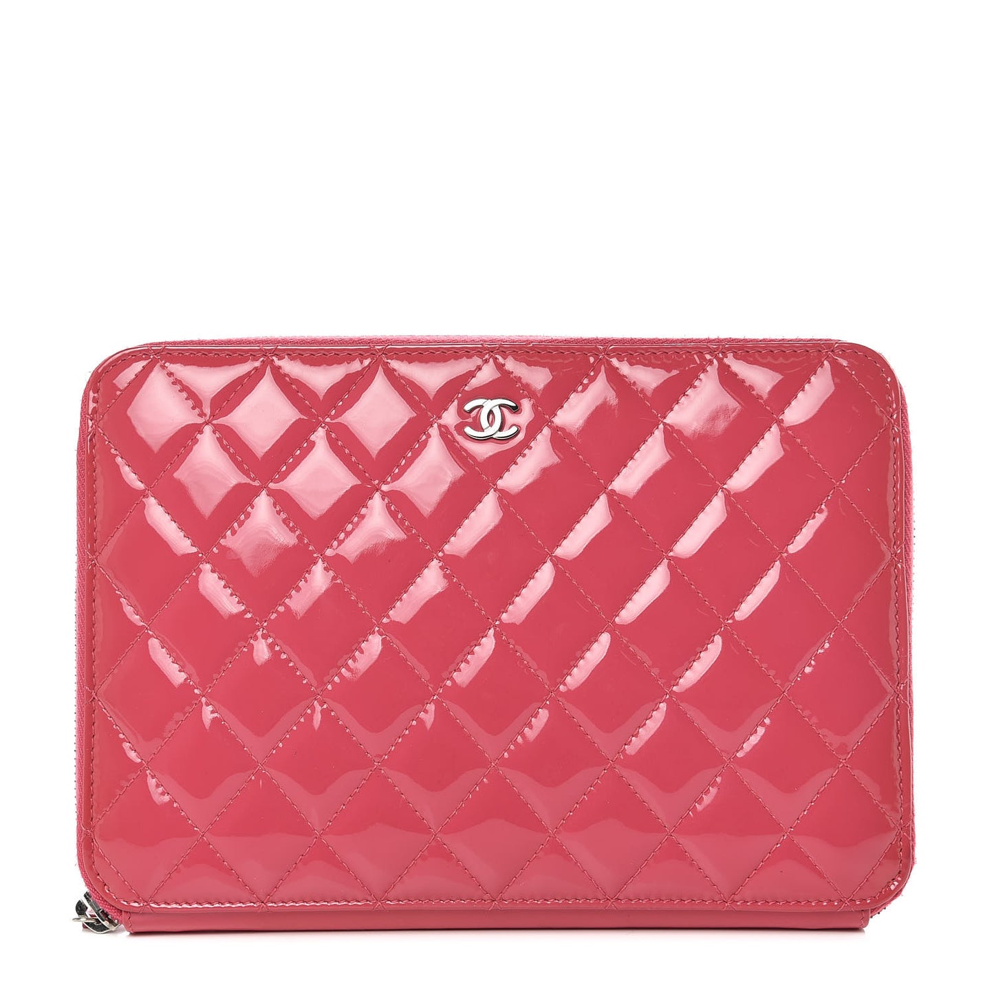 Patent Calfskin Quilted Zipped Clutch Pink