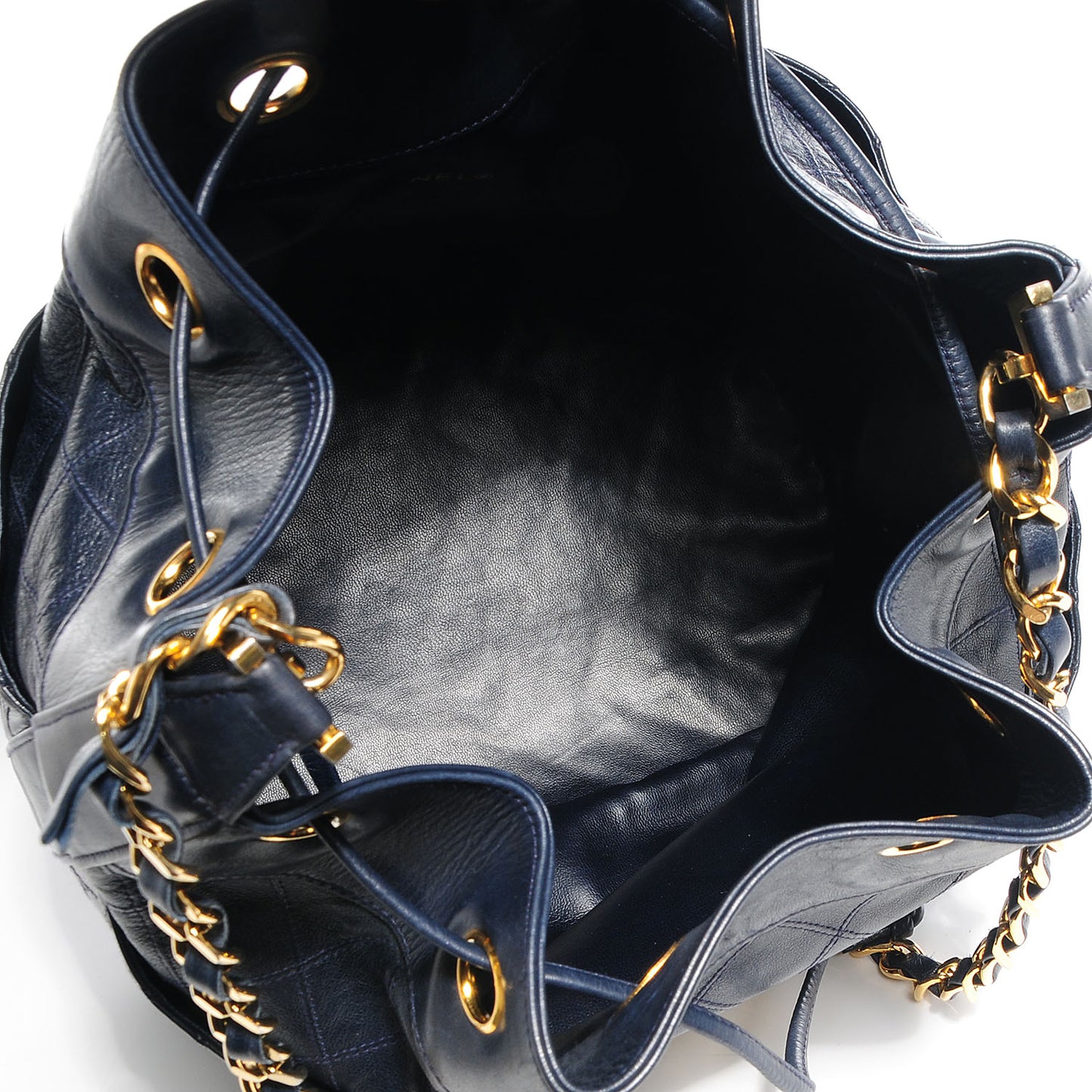 Lambskin Diamond Stitched CC Drawstring Bag Navy Blue