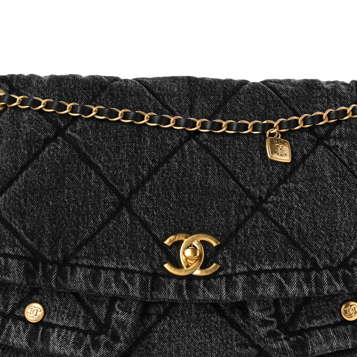 Washed Denim Quilted Maxi Flap Bag Black