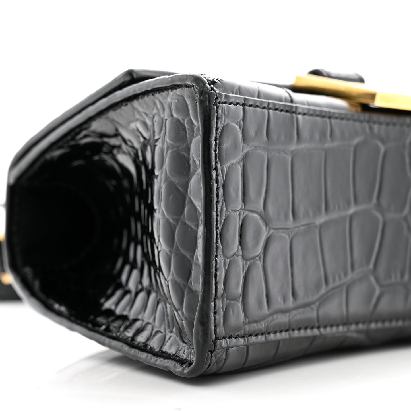 Shiny Calfskin Crocodile Embossed Hourglass Top Handle Bag XS Black