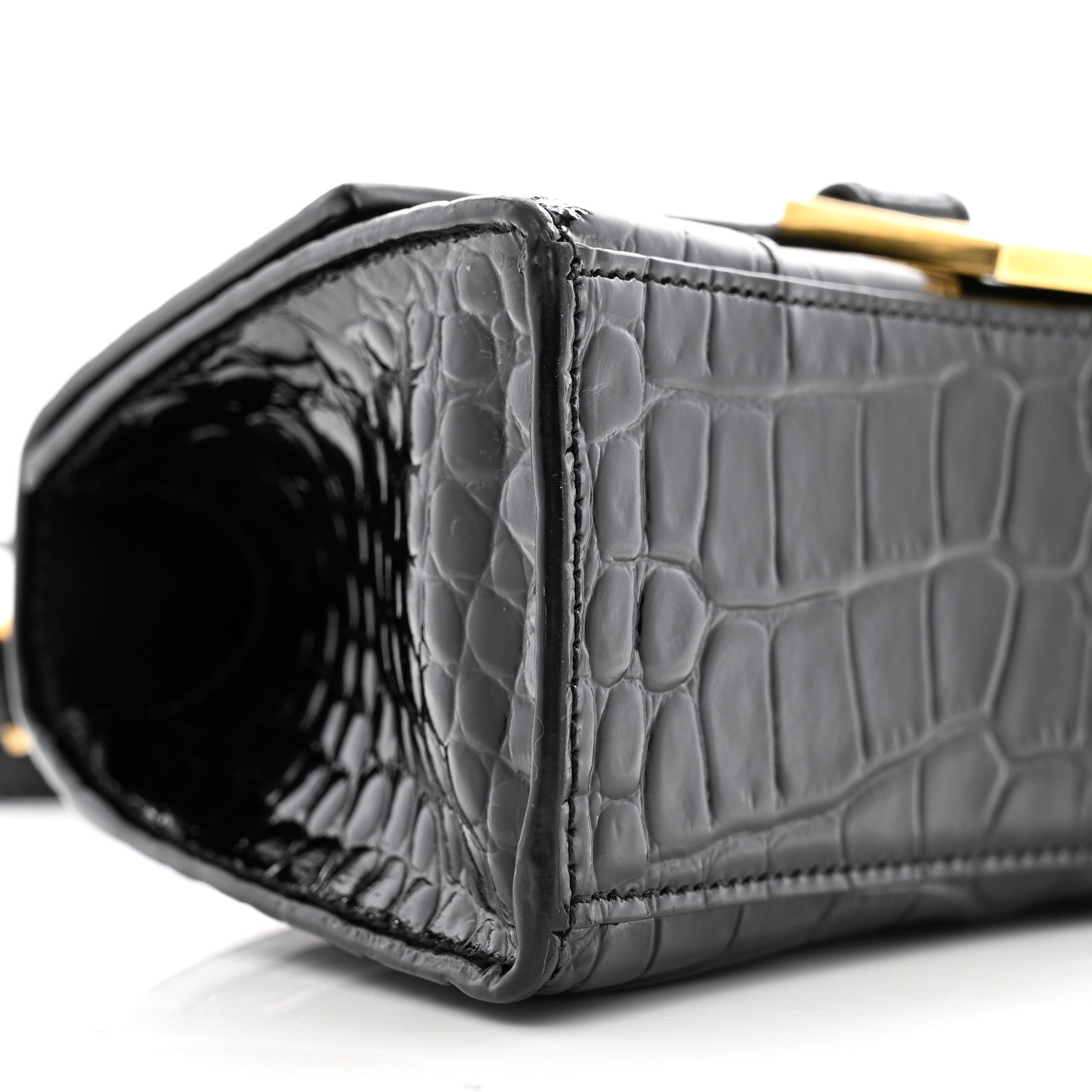 Balenciaga Shiny Calfskin Crocodile Embossed Hourglass Top Handle Bag XS Black 8 of 11