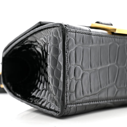 Balenciaga Shiny Calfskin Crocodile Embossed Hourglass Top Handle Bag XS Black 8 of 11