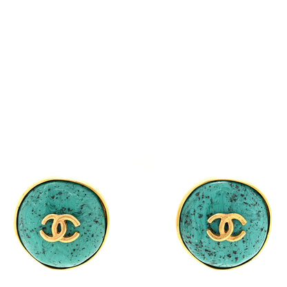 Chanel Metal Resin Marble CC Clip On Earrings Gold Turquoise 1 of 4