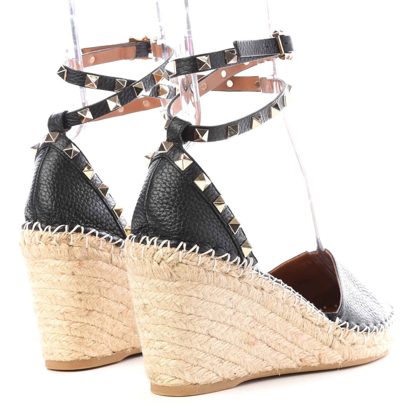 Grained Calfskin Rockstud Ankle Wrap Espadrille 15/85mm Wedges 39 Black Light Cuir