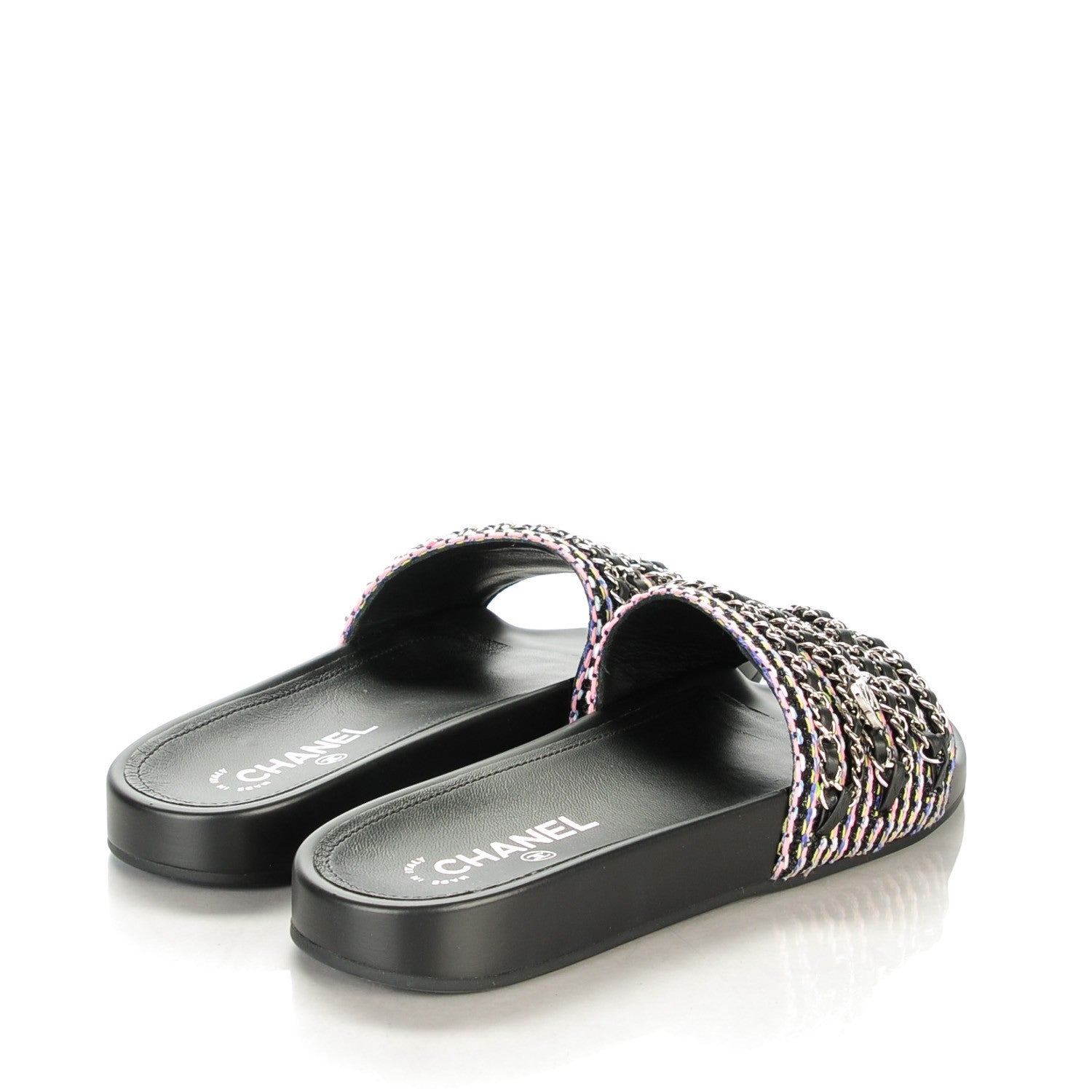 Chanel Tweed Lambskin Chain Flat Sandals 39 Black Multicolor 4 of 9