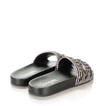Chanel Tweed Lambskin Chain Flat Sandals 39 Black Multicolor 4 of 9
