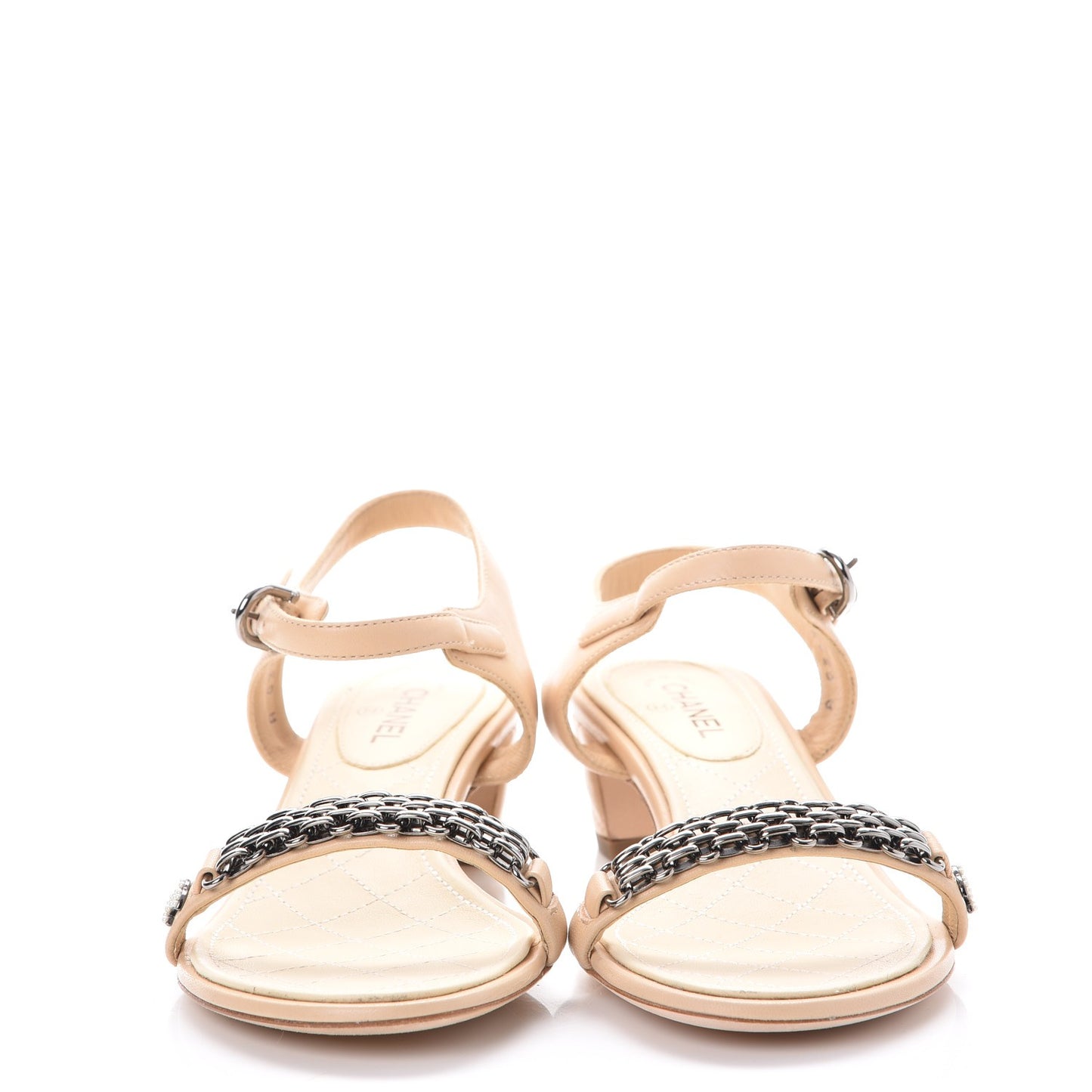 Lambskin CC Pearl Chain Sandals 35 Beige
