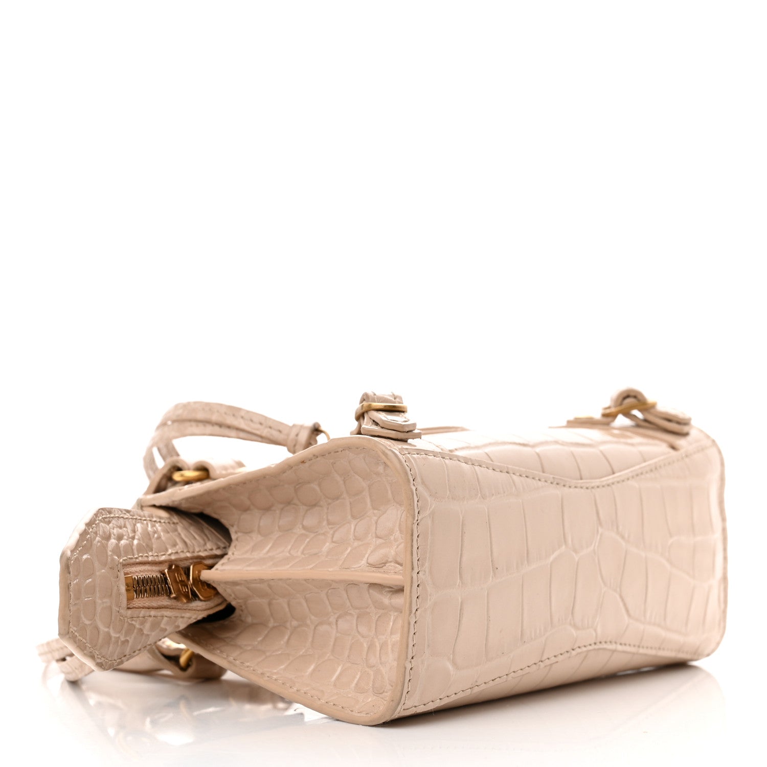 Balenciaga Shiny Supple Calfskin Crocodile Embossed Neo Classic Gold Hardware Nano City Crossbody Light Beige 4 of 10