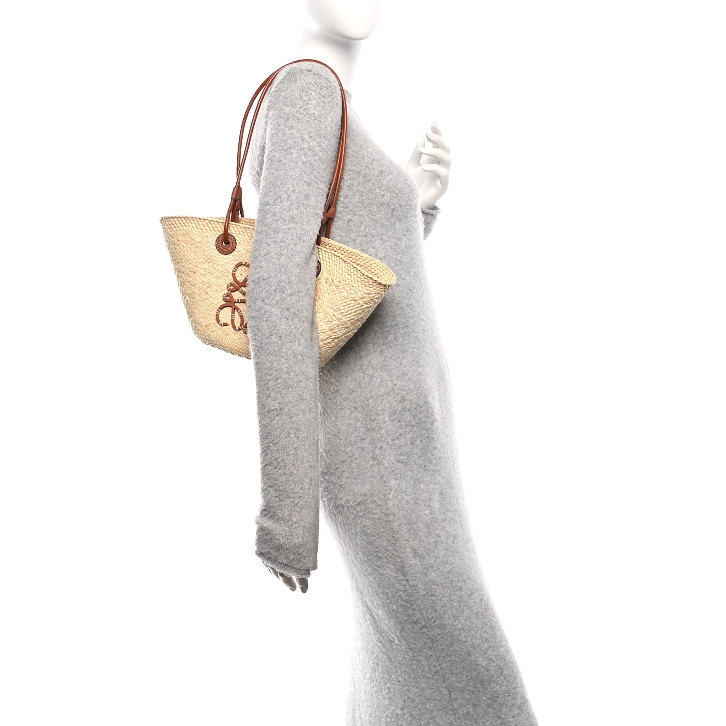 Calfskin Raffia Small Anagram Basket Tote Bag Natural Tan