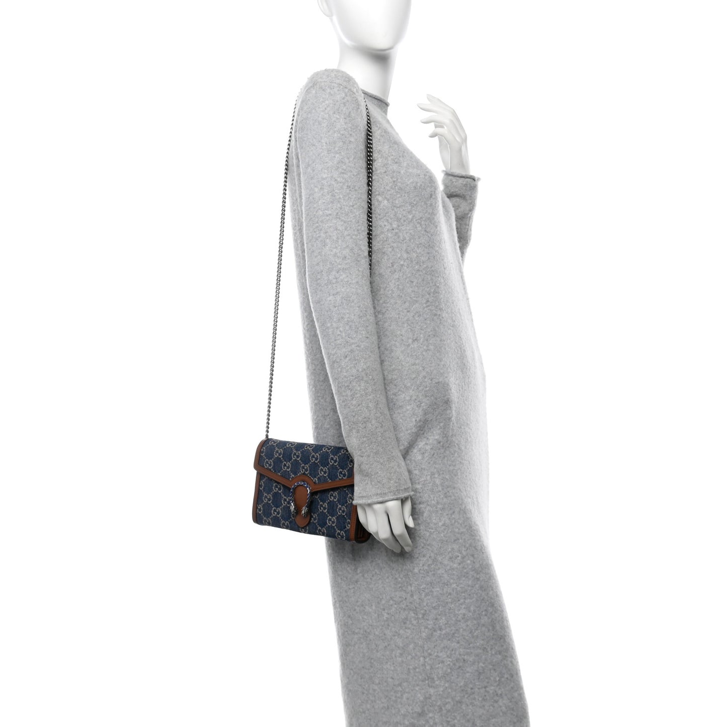 New Denim GG Monogram Dollar Calfskin Enamel Mini Dionysus Chain Wallet Blue Tea Cuir Epilog Electric Blue