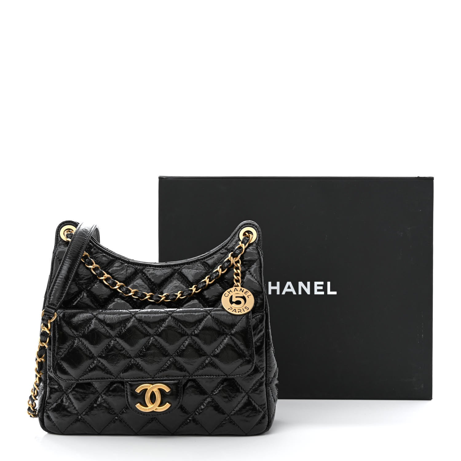 Chanel Shiny Crumpled Calfskin Quilted Wavy CC Hobo Black 12 of 12