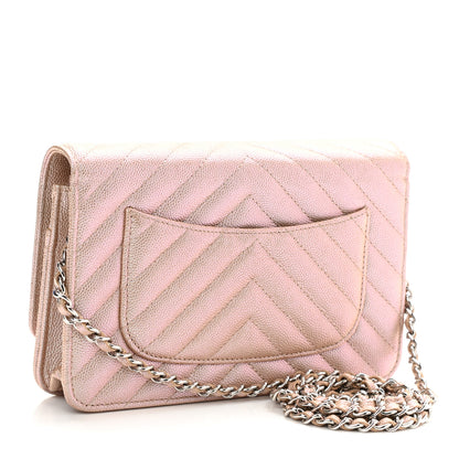 Chanel Metallic Caviar Chevron Quilted Wallet On Chain WOC Light Gold 3 of 11