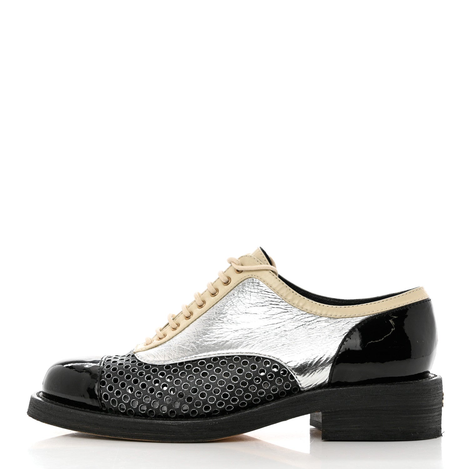 Chanel Metallic Crumpled Lambskin CC Lace Up Oxfords 37.5 Silver Black 1 of 10