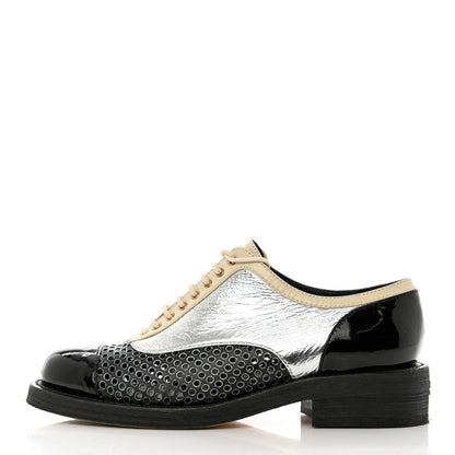 Chanel Metallic Crumpled Lambskin CC Lace Up Oxfords 37.5 Silver Black 1 of 10