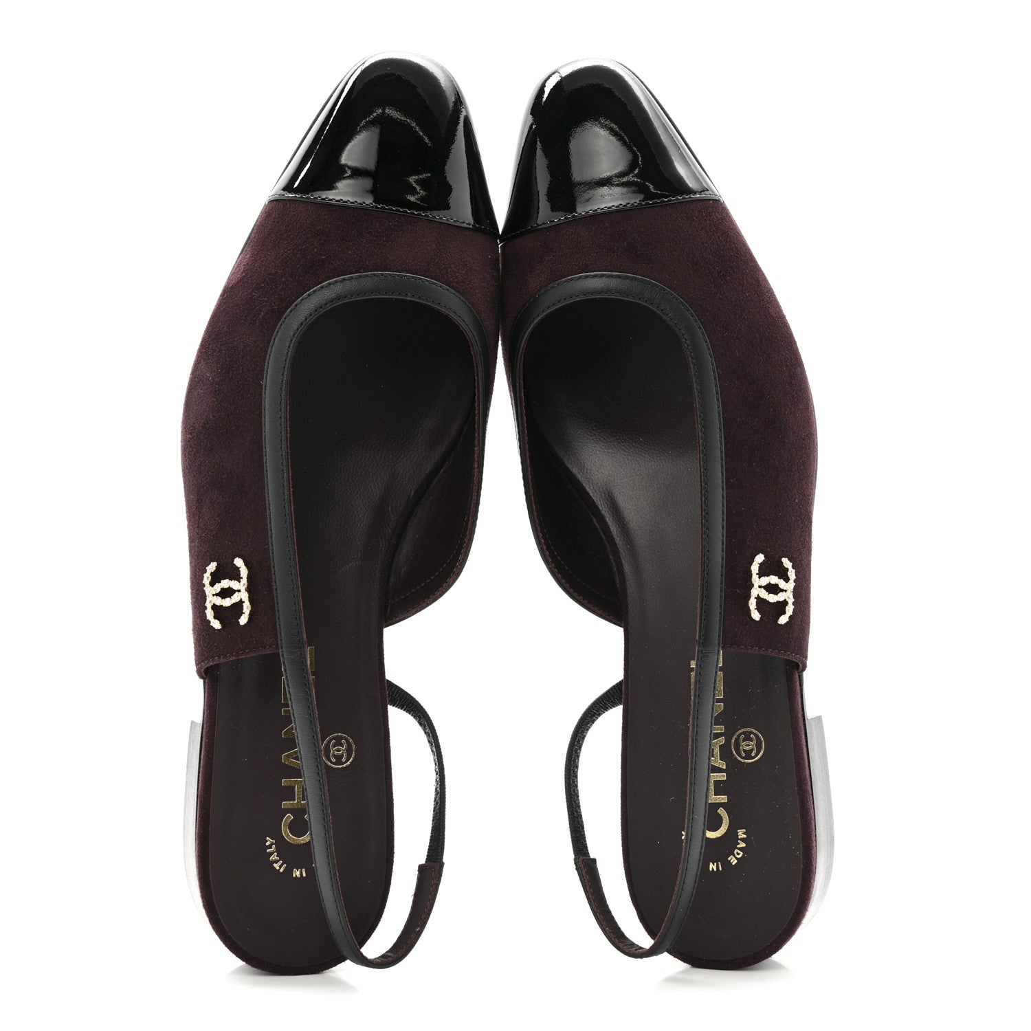 Chanel Suede Patent Crystal CC Cap Toe Slingback Flats 39.5 Burgundy Black 2 of 13