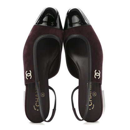 Chanel Suede Patent Crystal CC Cap Toe Slingback Flats 39.5 Burgundy Black 2 of 13