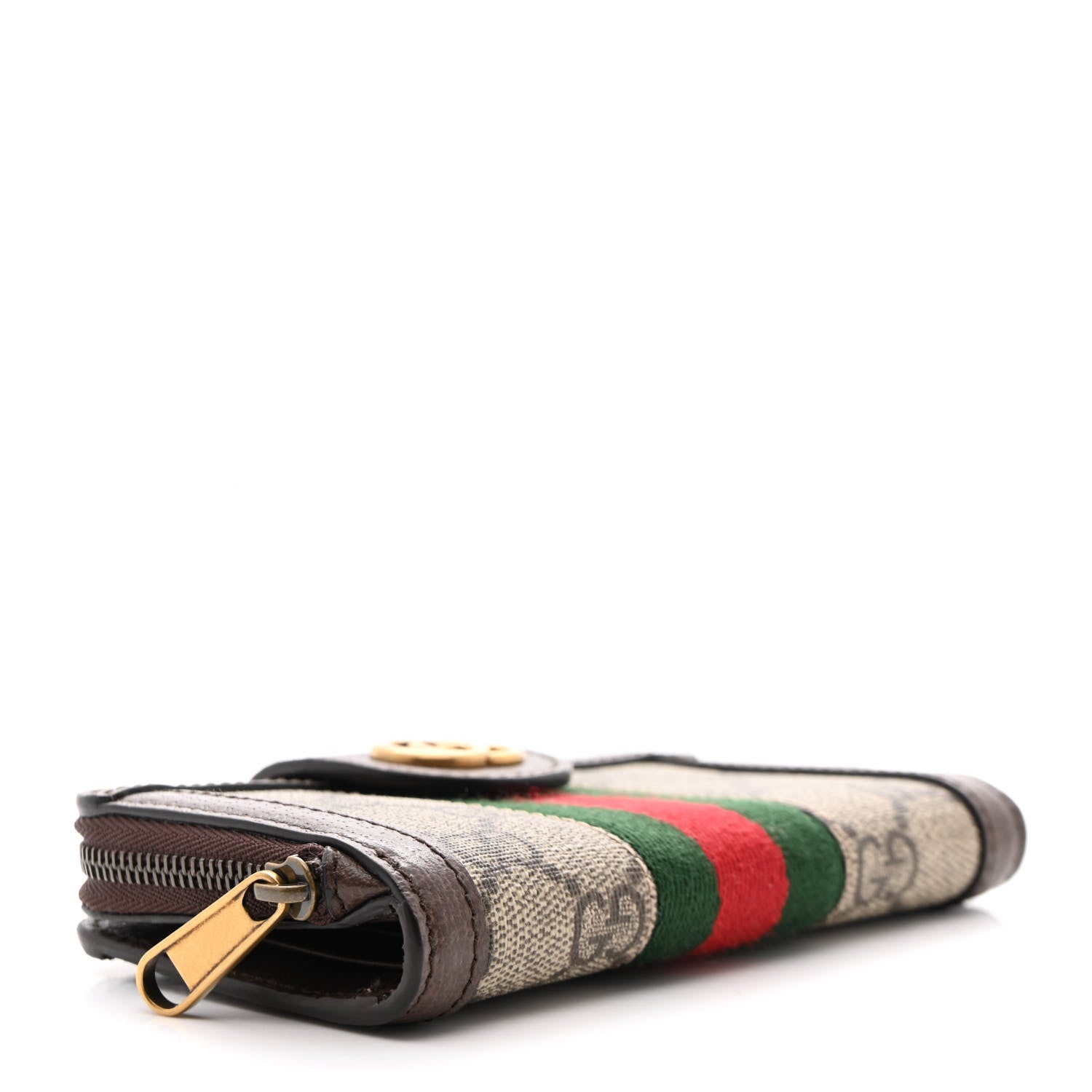 Gucci GG Supreme Monogram Textured Dollar Calfskin Web Ophidia Overlay Zip Around Card Case Wallet Beige Ebony New Acero 4 of 10