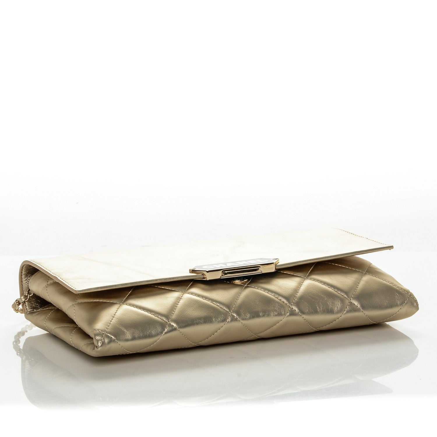 Chanel Metallalized Calfskin Quilted Retro Label Clutch Light Gold 4 of 7