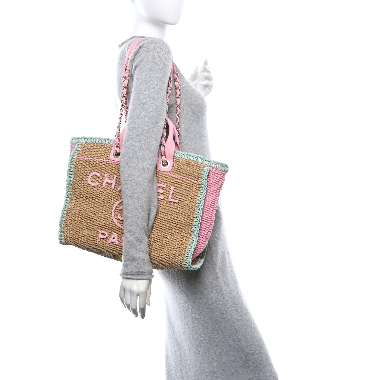 Chanel Raffia Crochet Medium Deauville Tote Beige Light Pink Green 2 of 10