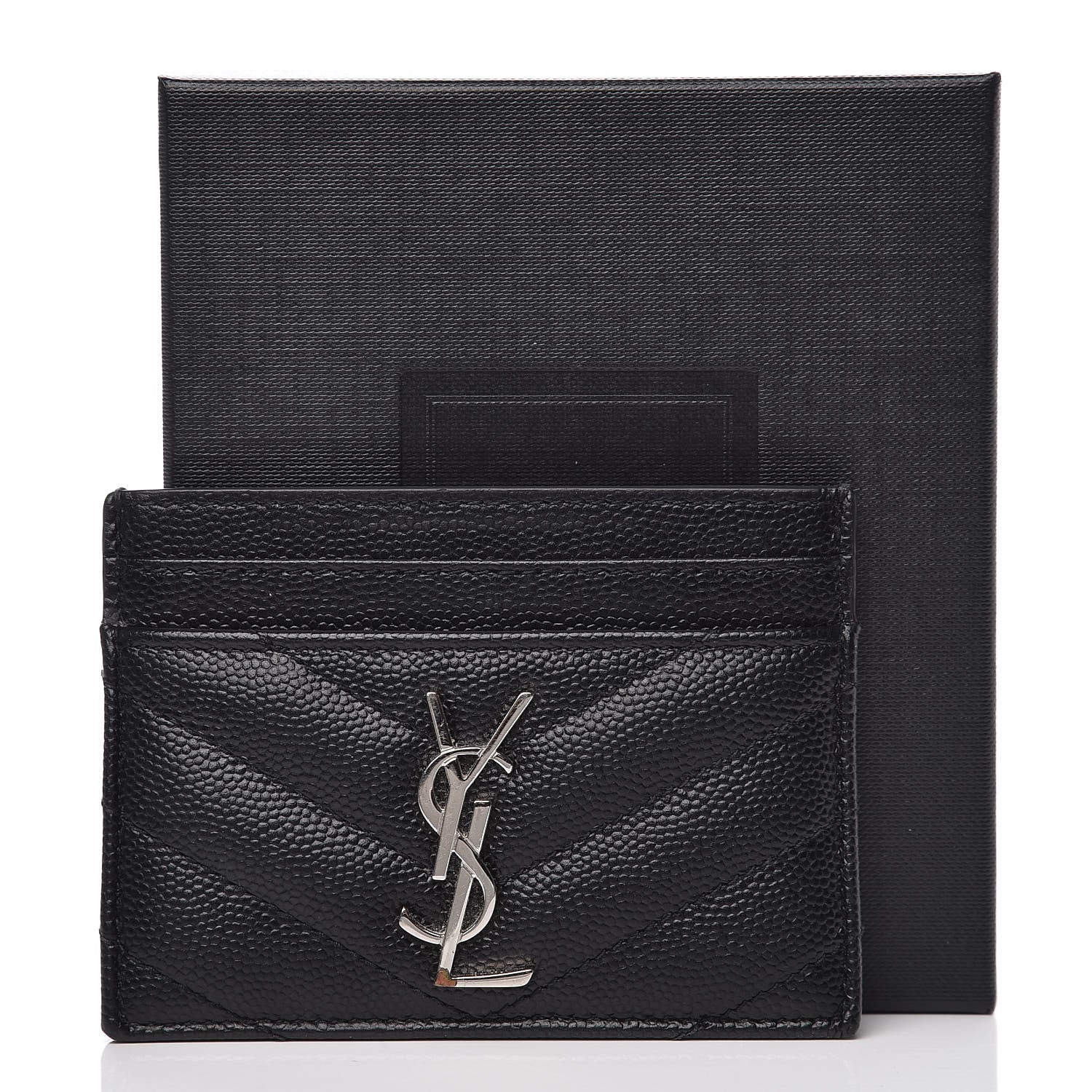 Saint Laurent Grain De Poudre Matelasse Chevron Monogram Credit Card Case Black 9 of 9