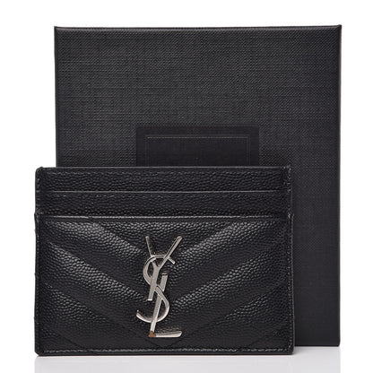 Saint Laurent Grain De Poudre Matelasse Chevron Monogram Credit Card Case Black 9 of 9