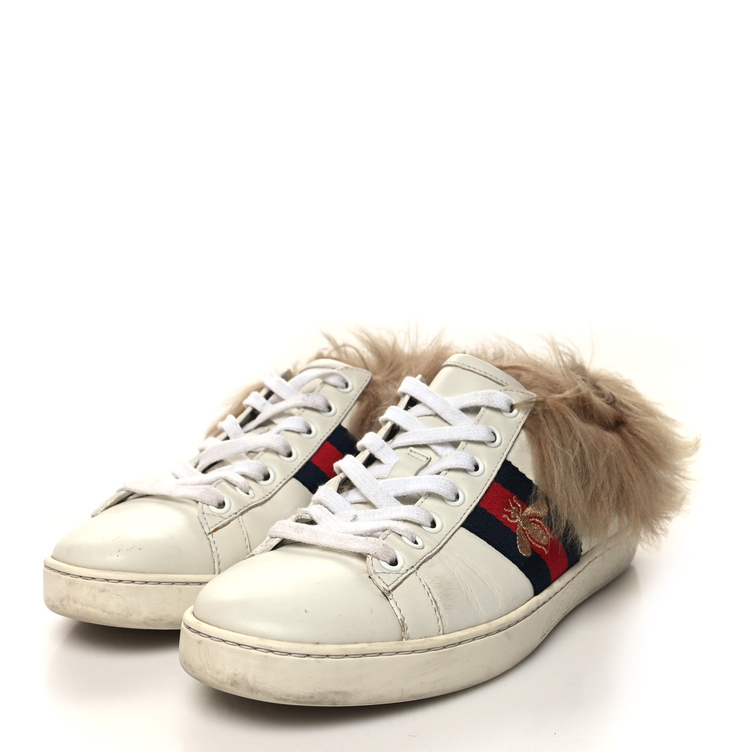 Gucci Calfskin Wool Web Bee Embroidered Womens Ace Sneakers 37.5 White 3 of 9