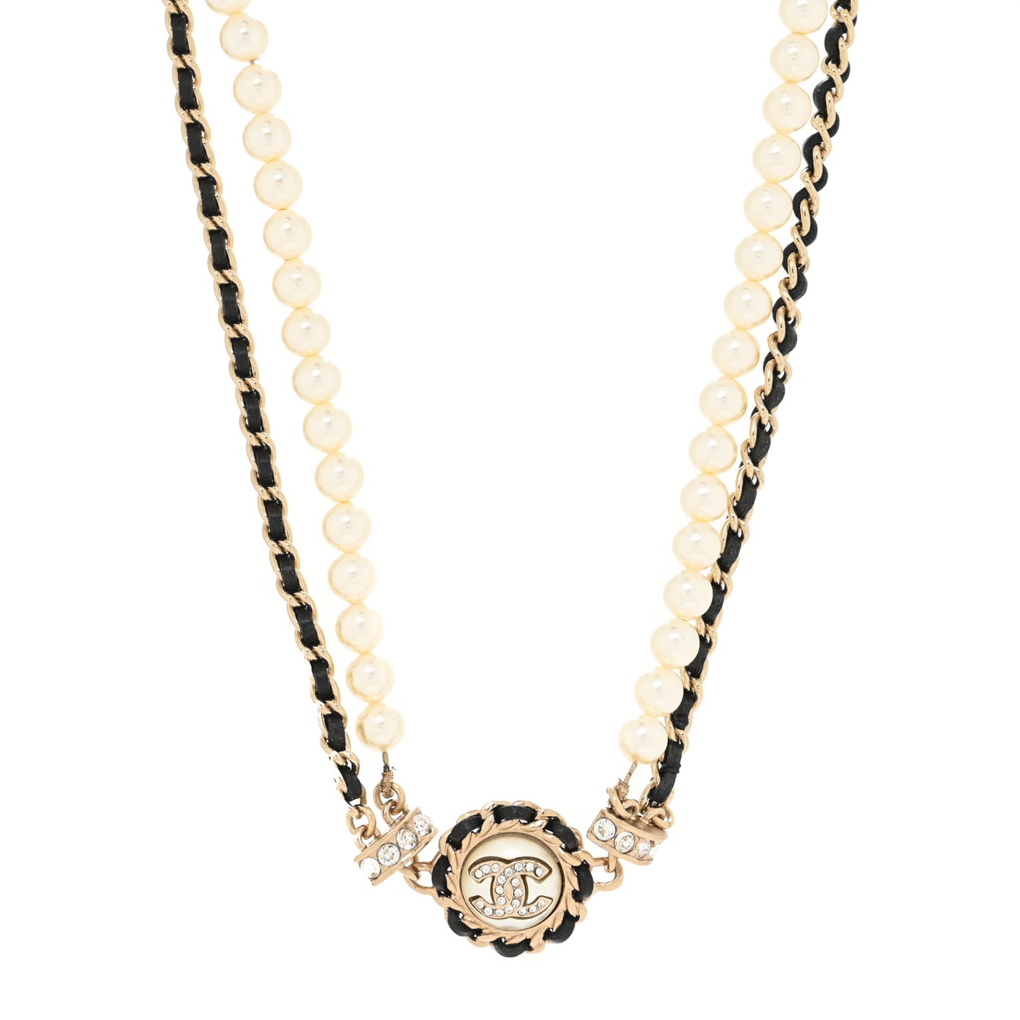 Pearl Crystal Lambskin CC Choker Gold Black