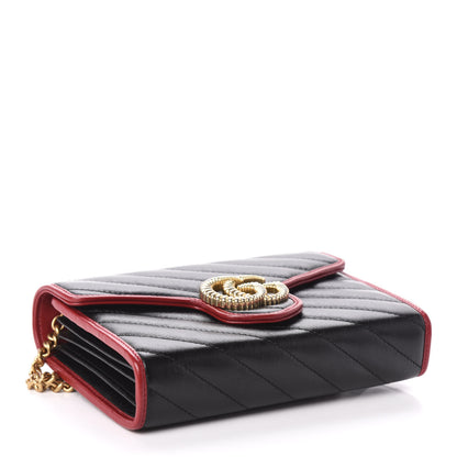 Gucci Vintage Effect Calfskin Matelasse Diagonal Torchon GG Marmont Chain Wallet Black Romantic Cherry 4 of 10