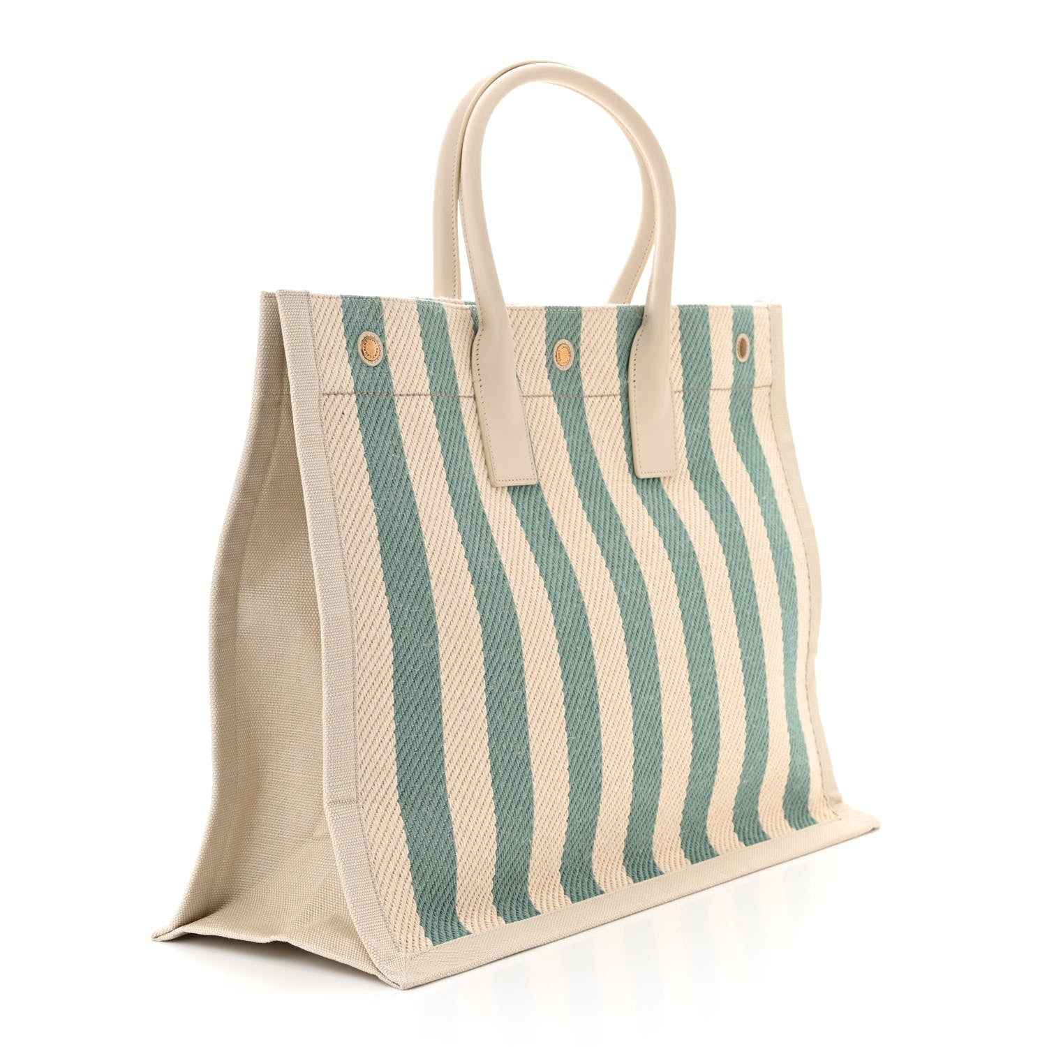 Saint Laurent Cotton Linen Calfskin Striped Rive Gauche Tote Water Green 3 of 11