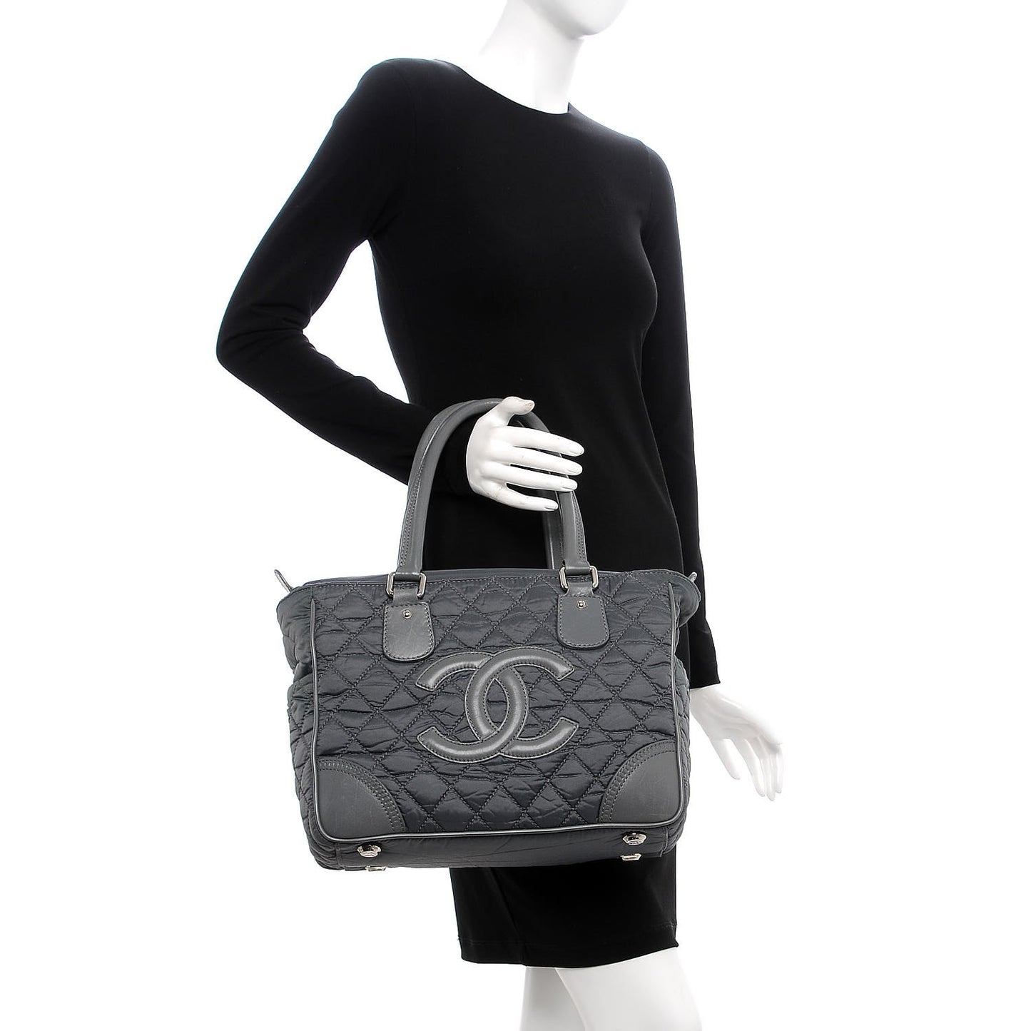 Nylon Calfskin Paris New York Tote Bag Grey