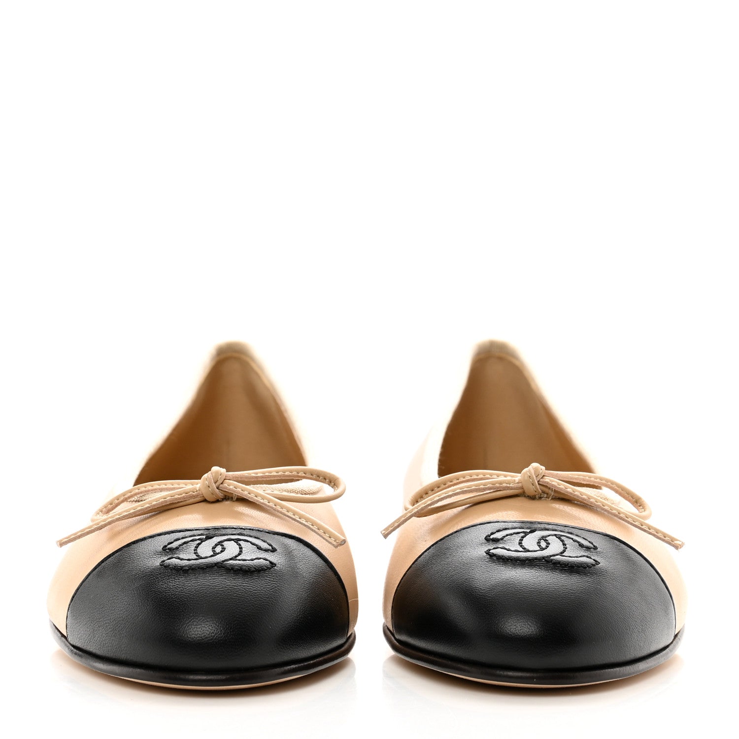 Chanel Lambskin Cap Toe CC Ballerina Flats 37.5 Beige Black 2 of 9